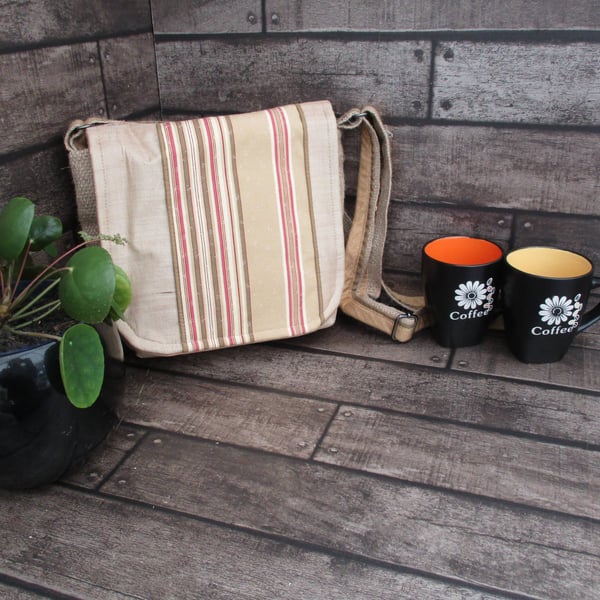 Upcycled Coffee Sack -  Crossbody Shoulder Bag - Beige Red and Green Stripe