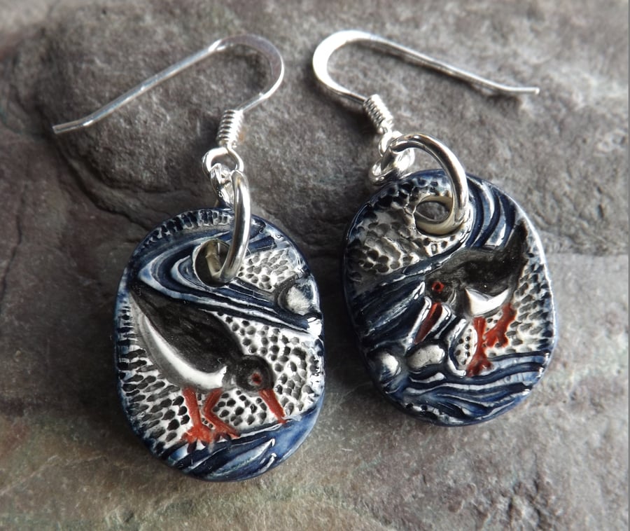 Ceramic and sterling silver Oystercatcher drop earrings