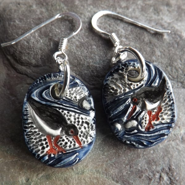 Ceramic and sterling silver Oystercatcher drop earrings