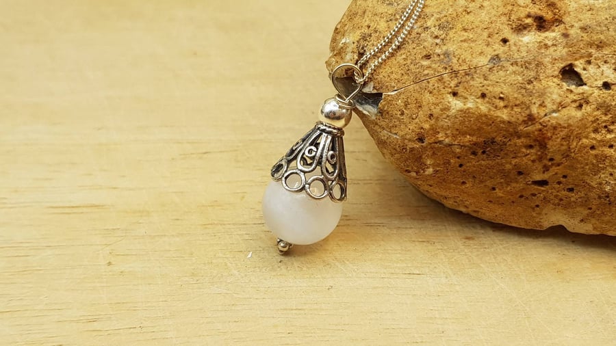 Selenite Pendant. Minimalist Bali silver cone necklace