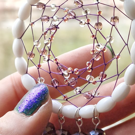 Purple silver and white hanging beaded dreamcatcher decoration