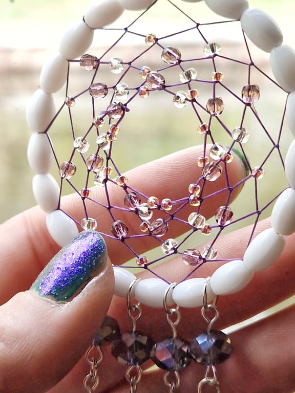 Purple silver and white hanging beaded dreamcatcher decoration