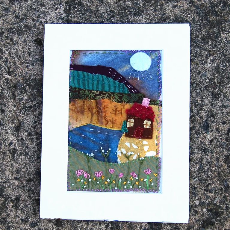 Textile landscape.  Upcycled fabric hand stitched picture 