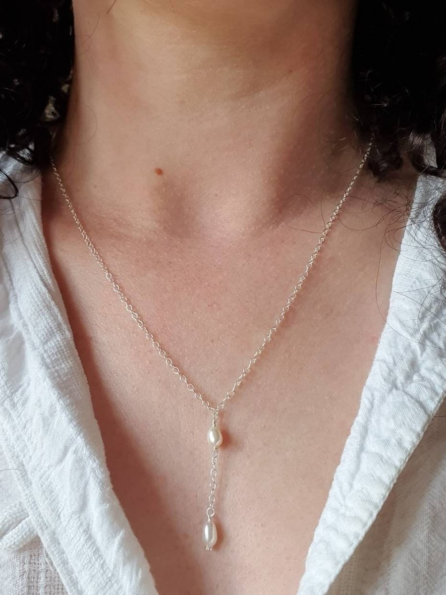 Delicate freshwater pearl and sterling silver Y shape layering necklace