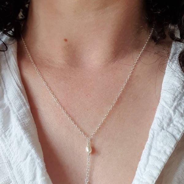 Delicate freshwater pearl and sterling silver Y shape layering necklace