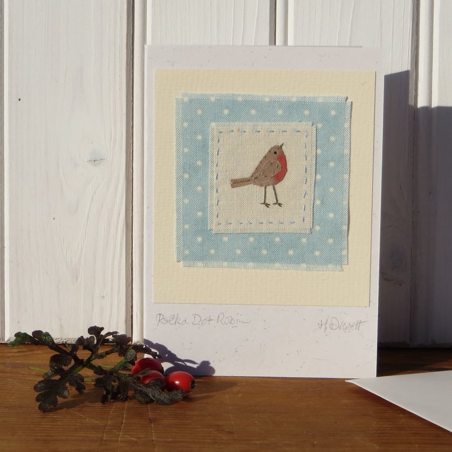 Polka Dot Robin hand-stitched card for Christmas - detailed miniature, keepsake