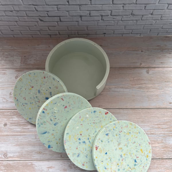 Set of 4 Mint Green Terrazzo Coasters with Matching Case