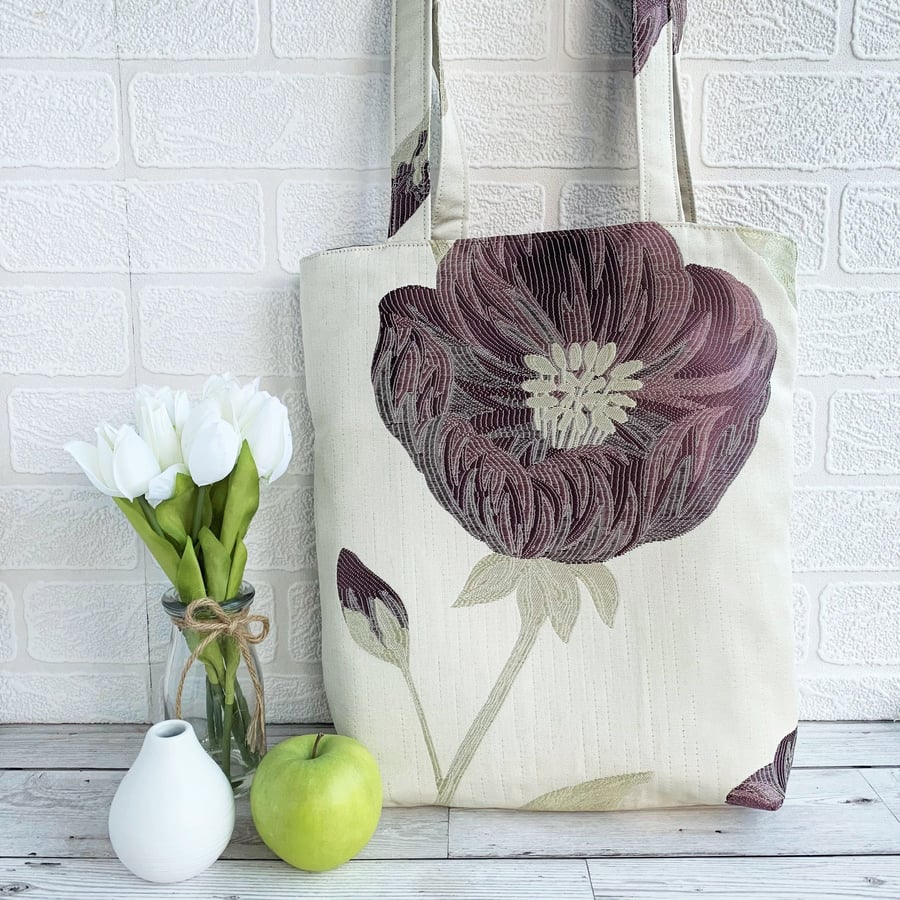 Cream Tote Bag with Large Purple and Gold Flower
