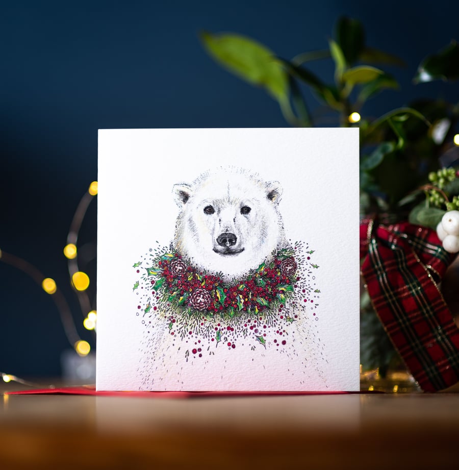 Christmas Polar Bear and festive wreath single card
