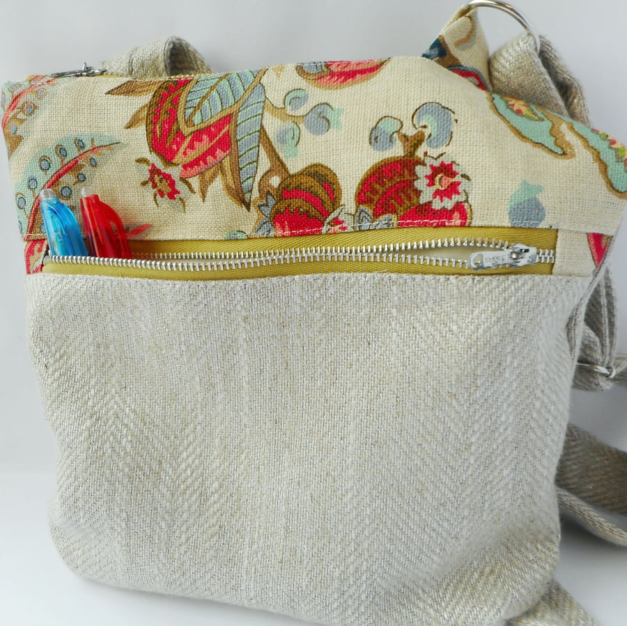 SOLD Beautiful fabric crossbody bag in linen and wool furnishing fabrics