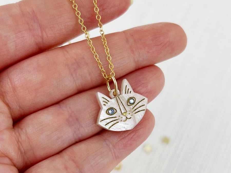 White Opal Mini Monty Cat Necklace in Gold Or Silver