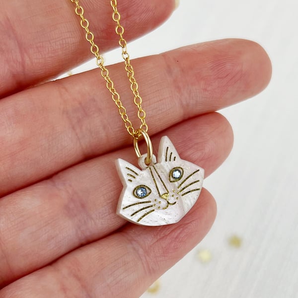 White Opal Mini Monty Cat Necklace in Gold Or Silver