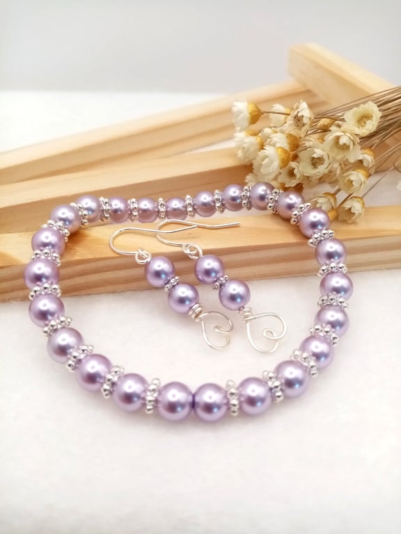 Rosewood Pearl Earring & Bracelet Gift Set, Love Heart Drops, Gift Boxed