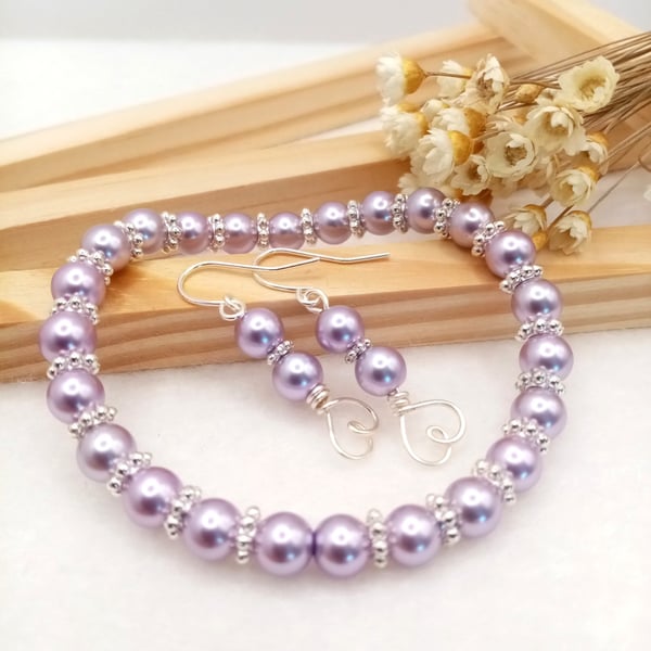 Rosewood Pearl Earring & Bracelet Gift Set, Love Heart Drops, Gift Boxed