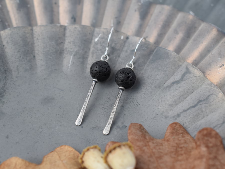 Black Lava Rock and Hammered Silver Drop Earrings handmade in Yorkshire