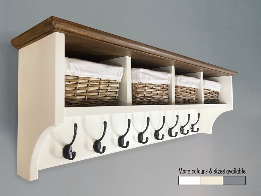 Coat rack with dark wood top and wicker storage baskets - 4 to 12 hooks