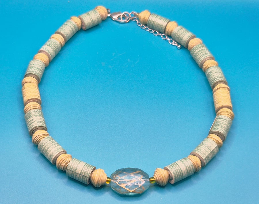 Pale blue and yellow paper beaded necklace with pretty central bread