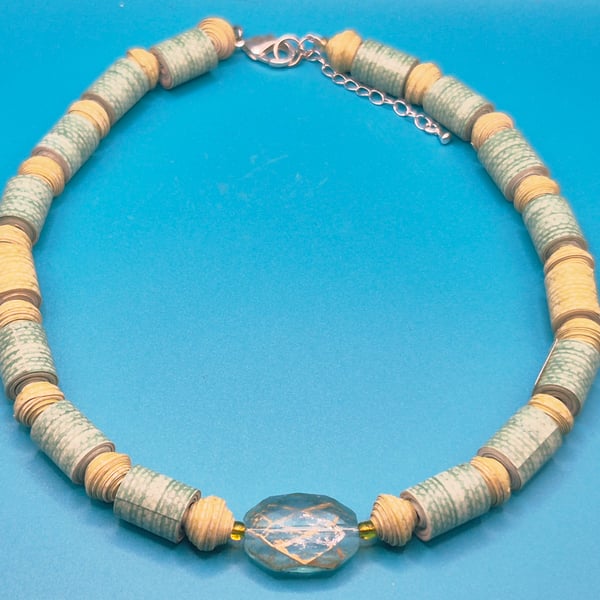Pale blue and yellow paper beaded necklace with pretty central bread