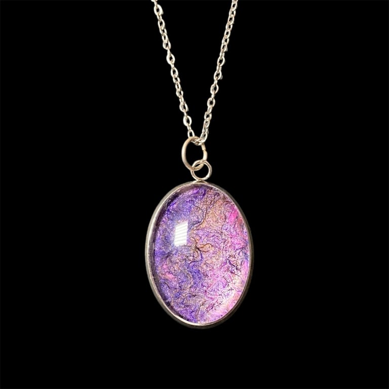 Felted wool & silk abstract pendant in purple colours- set in tray with cabochon