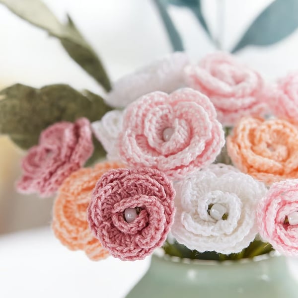 Crochet Roses Bunch of 3, mini roses on wire stems