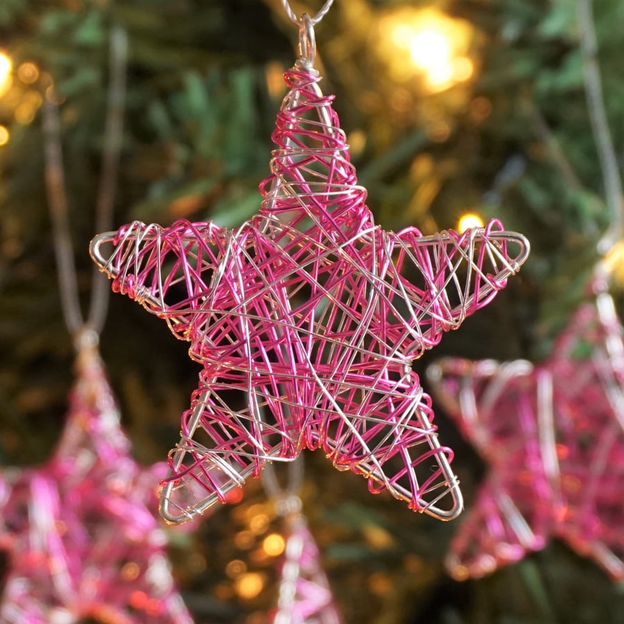Set of Four Mini Scribble Star Christmas Decorations - Silver & Pink