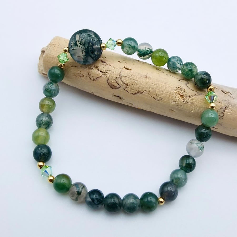 Moss Agate Bracelet With Swarovski Crystals, Birthday, Anniversary, Gift For Her