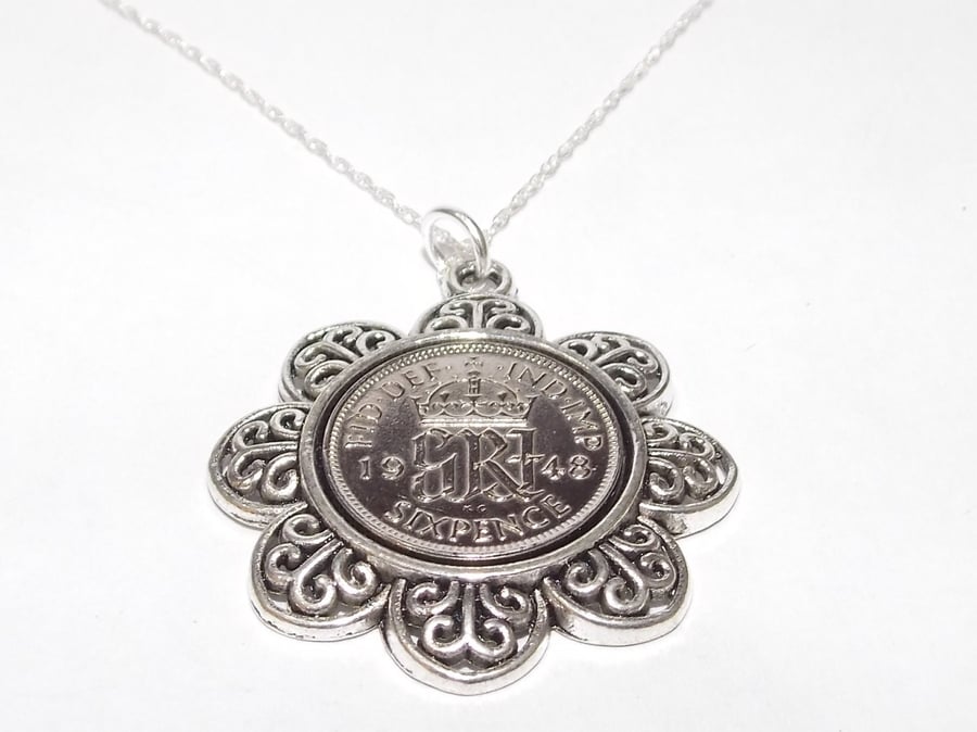 Floral Pendant 1948 Lucky sixpence 73rd Birthday plus a Sterling Silver 20in Cha