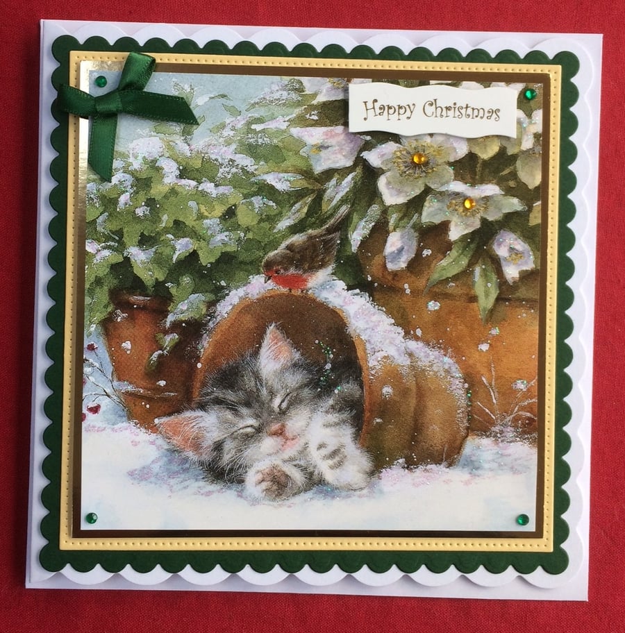 3D Luxury Handmade Card Happy Christmas Kitten and Robin by Poppy Kay Designs