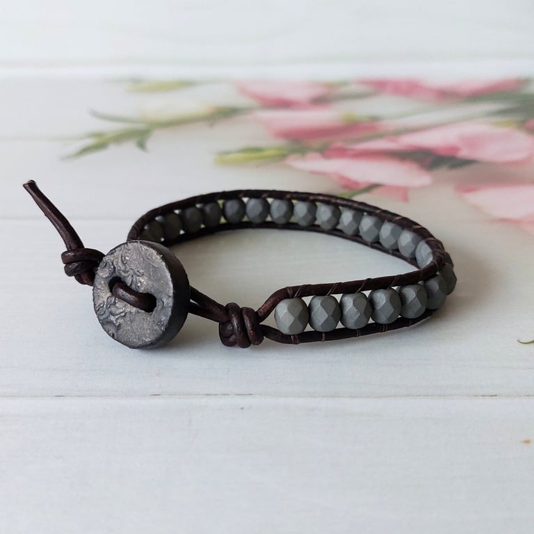 Grey Bead Leather Wrap Bracelet