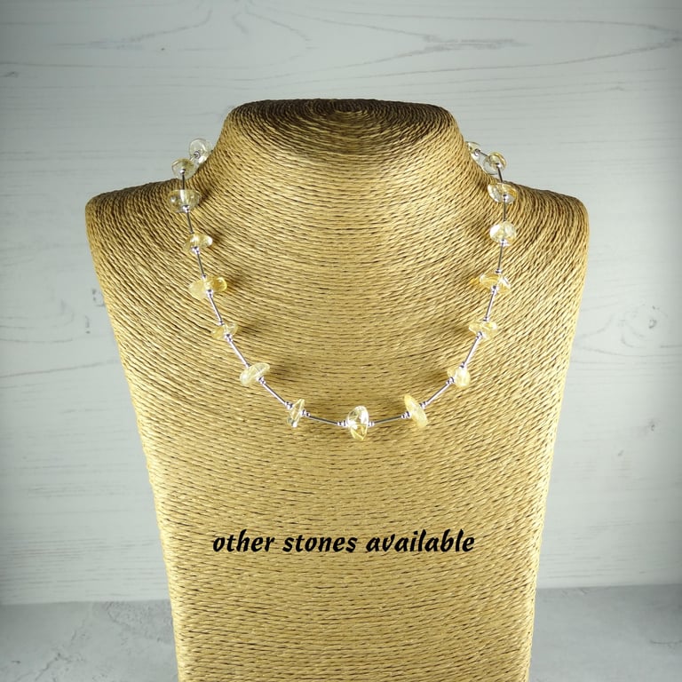 Natural stone beaded necklace, sterling silver, 18 inch - 8 stone options