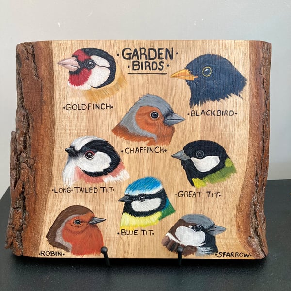 Garden birds original painting on oak wood