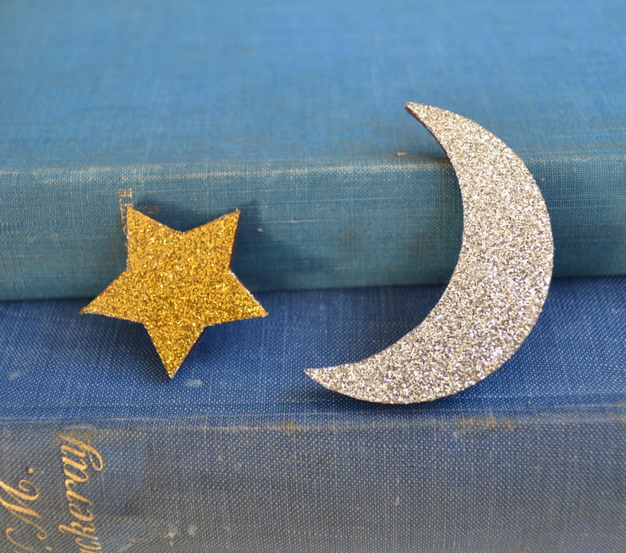 Crescent Moon and Star Brooch Set