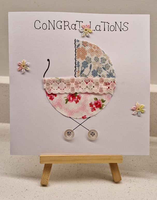 New baby girl card pink green pram floral fabric  