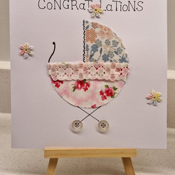 New baby girl card pink green pram floral fabric  