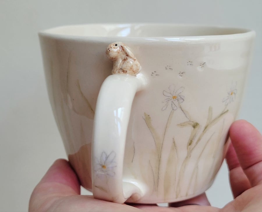 Bunny cup with white flowers green spots tiny rabbit & pawprints, pet lover gift