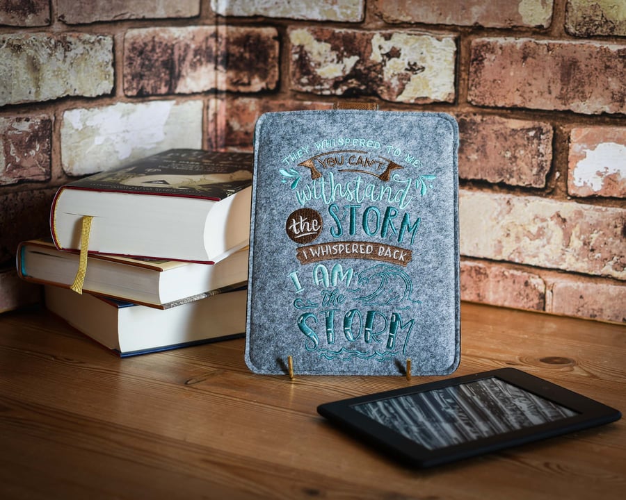 I am the Storm embroidered felt and leather kindle ereader ebook sleeve case