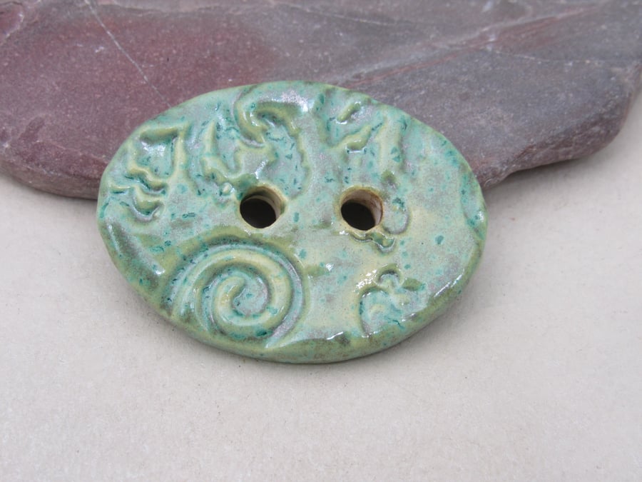 Large Verdigris Green Brocade Oval Handmade Ceramic Button