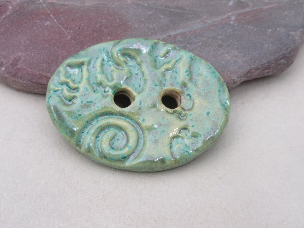 Large Verdigris Green Brocade Oval Handmade Ceramic Button