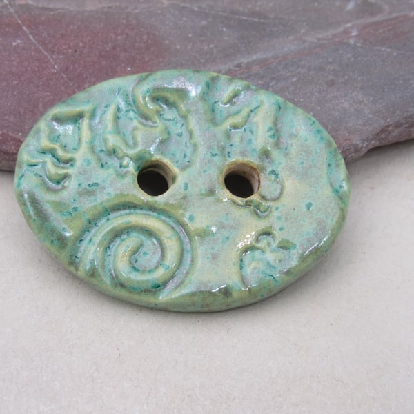 Large Verdigris Green Brocade Oval Handmade Ceramic Button