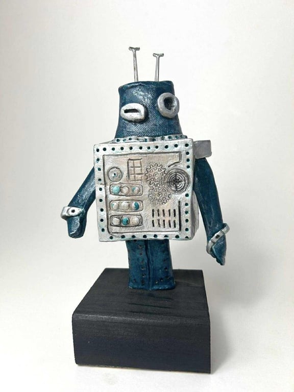 Handbuilt Ceramic Robot Figurine: Turquoise & Silver 'Wobot'