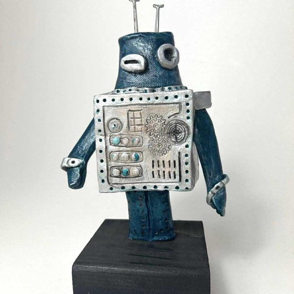 Handbuilt Ceramic Robot Figurine: Turquoise & Silver 'Wobot'