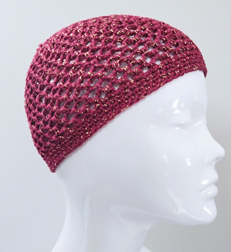 Red and Gold Sparkly Crochet Boho Mesh Skull Cap