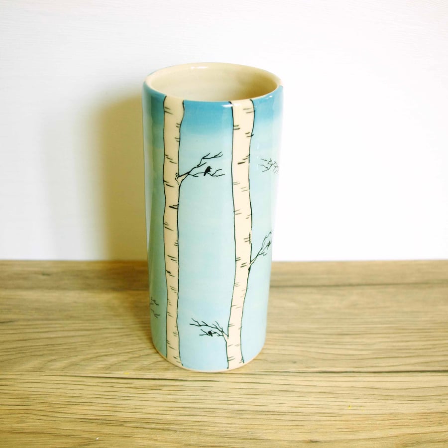 Tall Cylinder Vase - Birch Tree, Sky and Birds