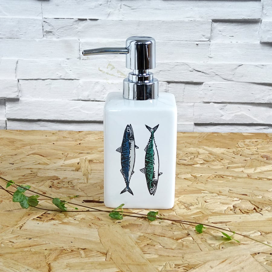 Pump dispenser, mackerel fish design, ceramic, soap, hand wash, lotion, shampoo