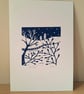 An original handprinted linoprint of a dark blue winter scene.  - Image 3