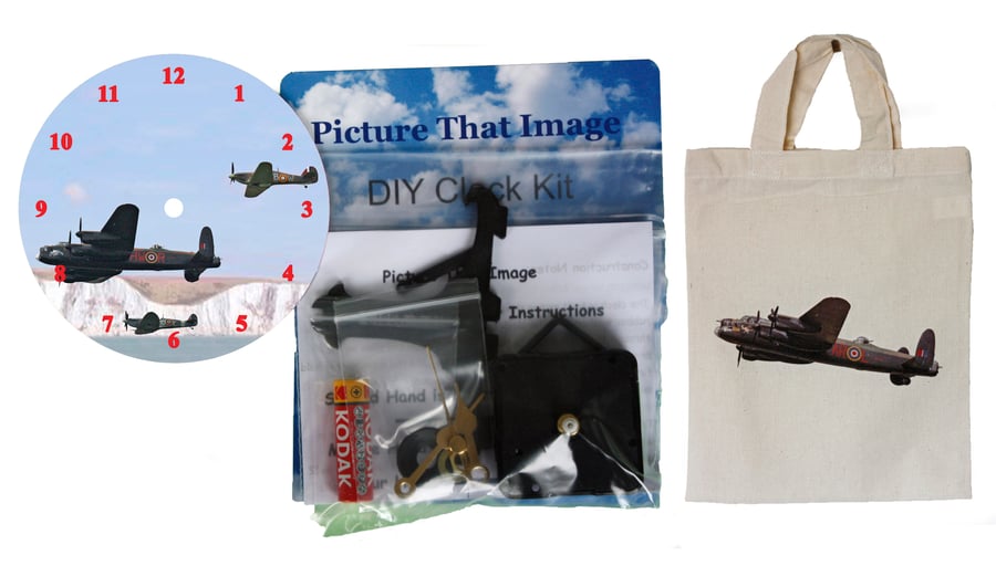 DIY 12cm Clock Kit Gift Set - WW2 Flight in a Canvas Bag with a Lancaster Motif