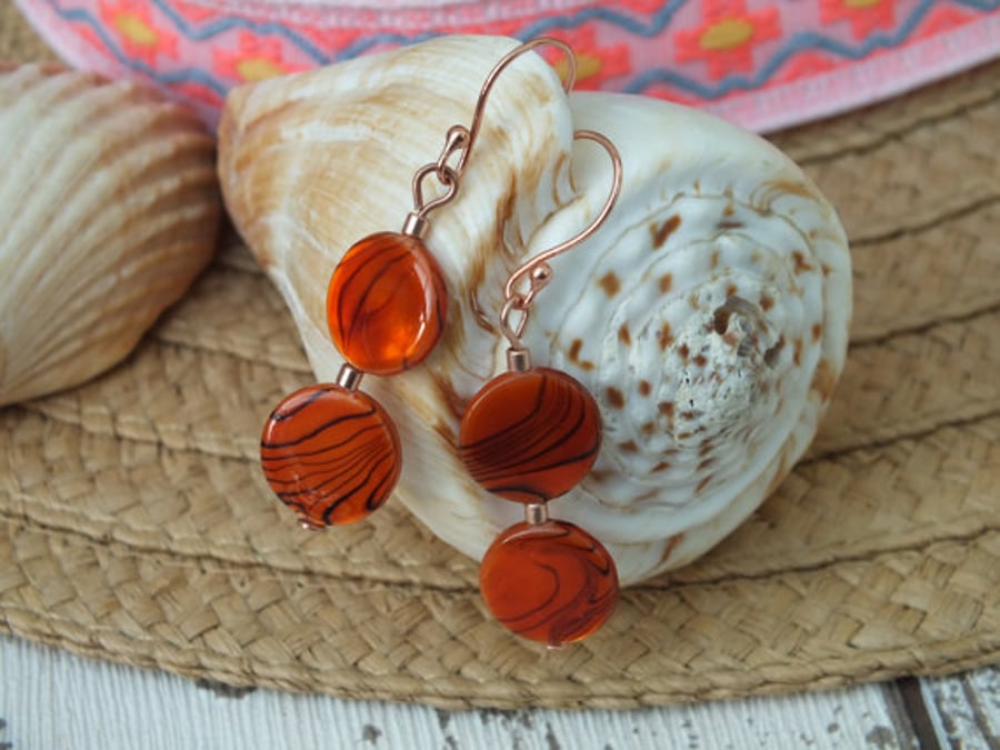 Orange Earrings Shell Rose Gold Plated Burnt Orange Drops