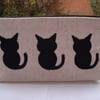 Handmade  Linen and  Cotton make up bag - 3 appliqued black cats - pencil case .