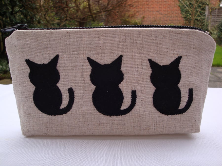 Handmade  Linen and  Cotton make up bag - 3 appliqued black cats - pencil case .