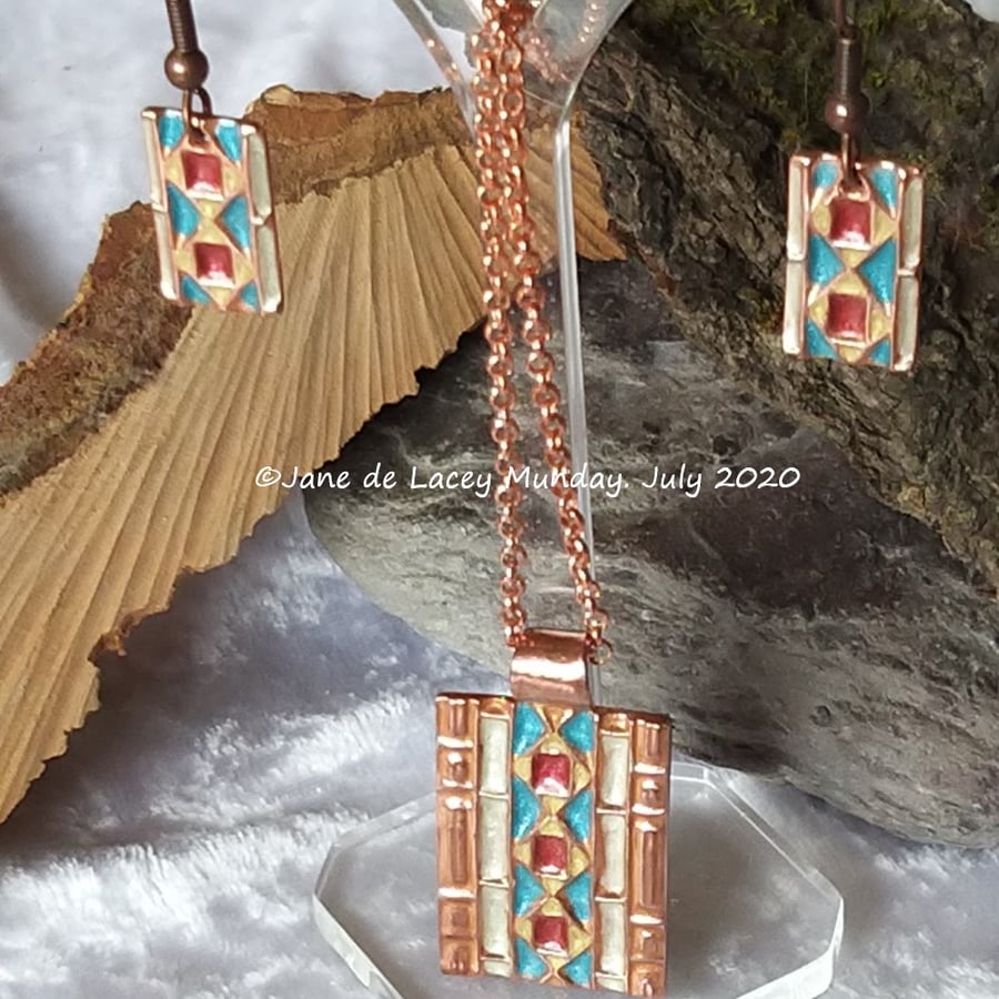 Copper Aztec Style Pendant and Earrings Set